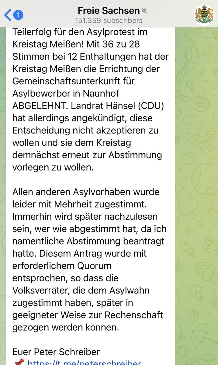 Schreiber beleidigt mich und andere Kreisräte öffentlich bei #FreieSachsen als „Volksverräter“ und droht das wir „in geeigneter Weise zur Rechenschaft gezogen werden“ Mir drohte er noch in der Sitzung mit… Gnade ihnen Gott #Mandatsträger  #Bedrohung #Kreistag #Meissen #Sachsen