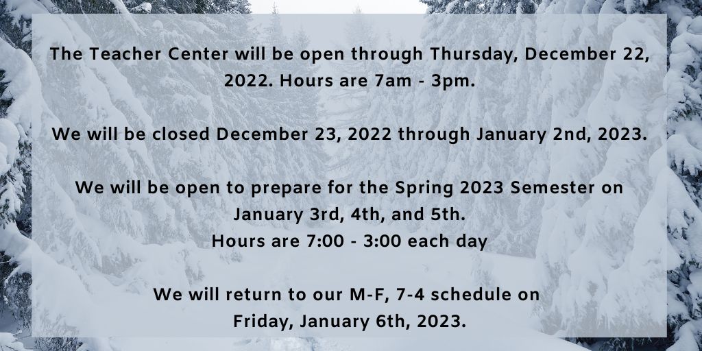 RCSTNTC's tweet photo. Teacher Center Winter Holiday Hours https://t.co/laBYjtaJIt