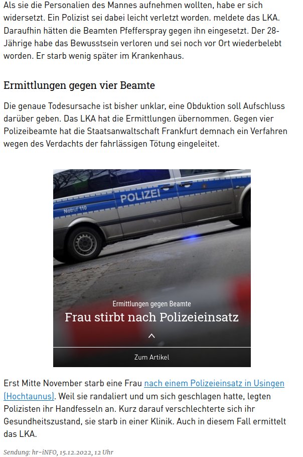 AfaNord's tweet photo. TW: #Polizeigewalt #Tod
Obwohl ein Mann (28) vorher kollabiert war, führte #Polizeiproblem #Hessen in einer Konfliktsituation einen #Angriff mit #Reizgas durch. Gegen 4 Beamte wird wg. fahrlässiger #Tötung ermittelt. Erneut ein #Toter nach #Reizgas.

#Hattersheim #AbolishPolice https://t.co/u4q1CjxIqj