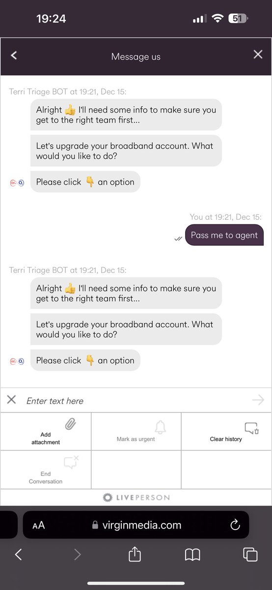 healyshouse's tweet photo. @virginmedia your chat is pointless.. asks me to select option.. NO OPTIONS to select https://t.co/Ggy1yqgWtS