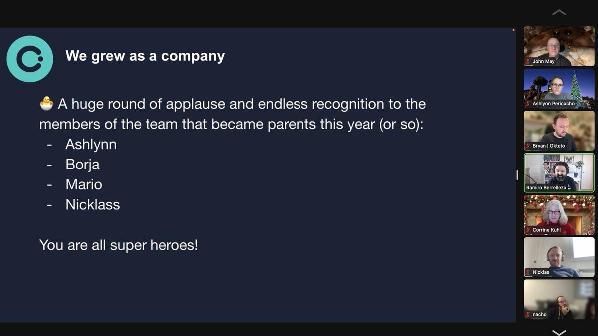 We had an end-of-year all hands yesterday at <a href="/oktetohq/">Okteto</a> and new parents got the sweetest shout out from <a href="/rberrelleza/">Ramiro Berrelleza</a> 💜💜💜

Parenting + career has been a lot harder than I expected. A collective group hug to all of us - we're doing great! 🤗