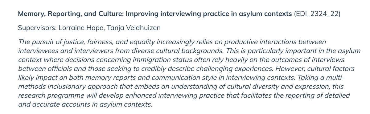 🚨 Funded PhD opportunity: Memory, Reporting, and Culture in the Asylum Context (project abstract below). Read more about studentship &amp; application process via the <a href="/SouthCoastDTP/">South Coast DTP</a> here: southcoastdtp.ac.uk/funding/
 Contact me directly for more information! Deadline: mid-Jan 2023