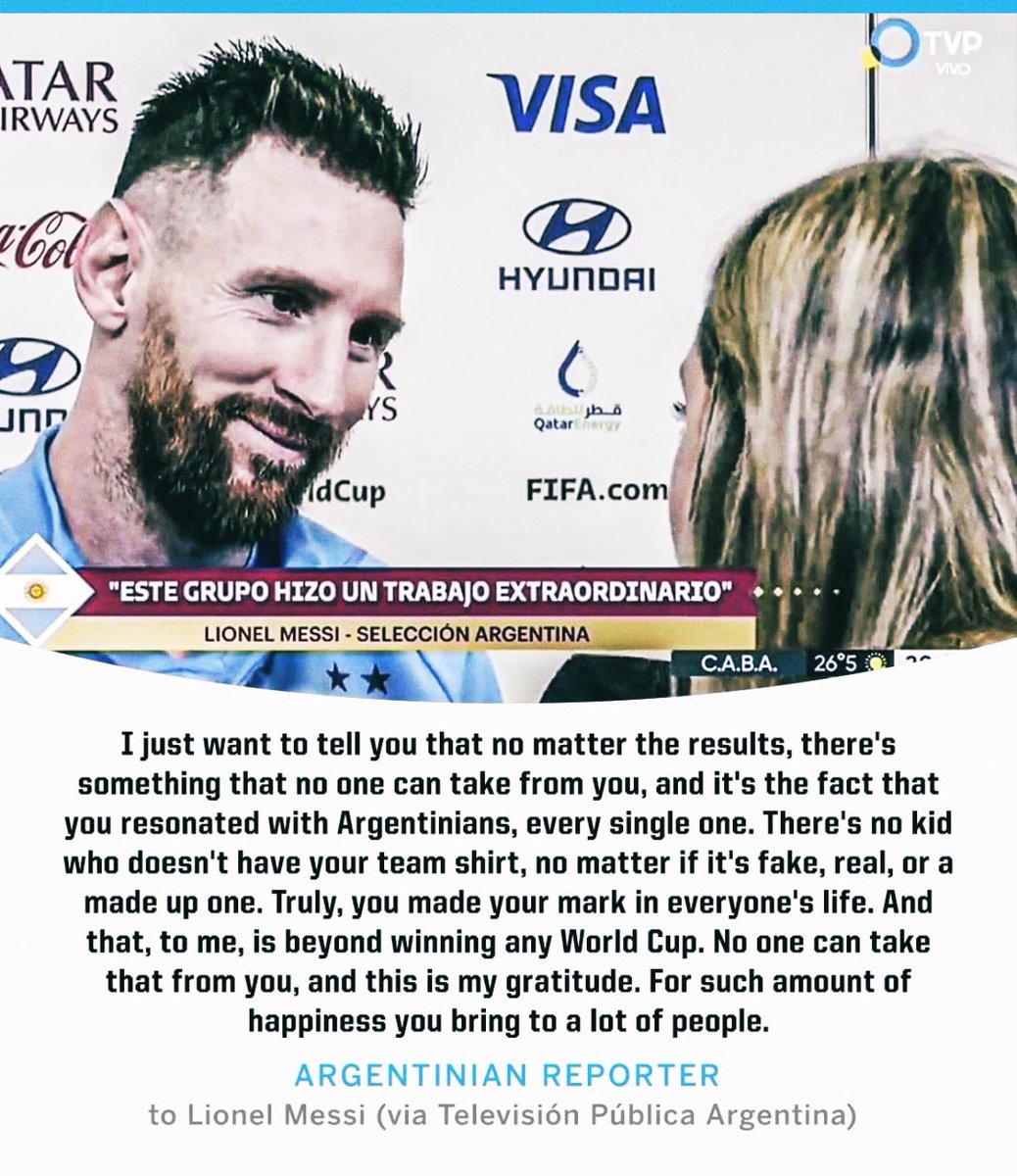 For all of the debates questions doubts and rubbish spoken about this man. 
Sofi Martinez nails it with some amazing and truthful words on what Lionel Messi brings to his people 💙 (and millions of people around the world!) 
#Argentina #WorldCup2022 #Messi𓃵 

#HAPPINESS 🇦🇷⚽️💙🏴󠁧󠁢󠁷󠁬󠁳󠁿