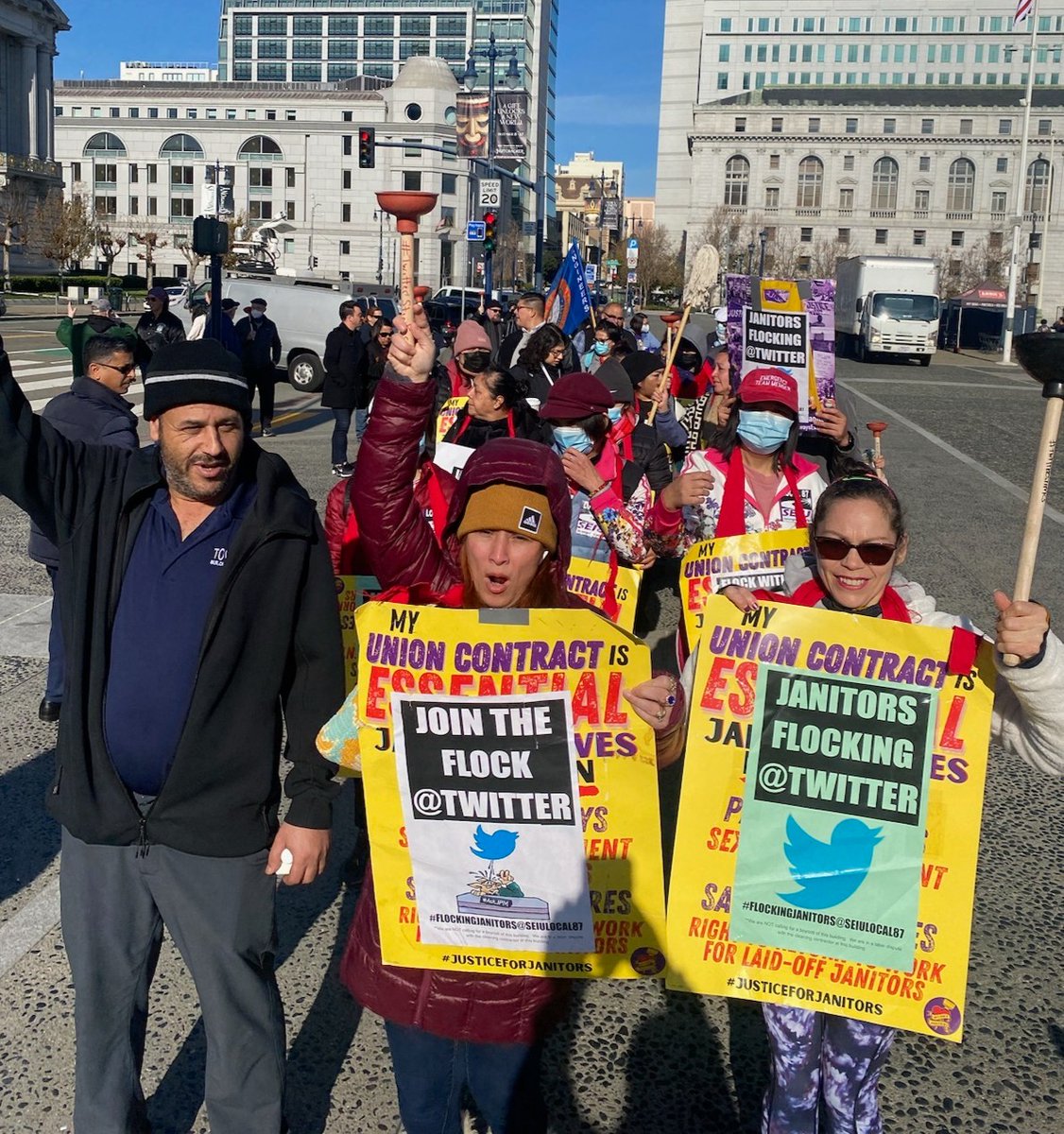 UNION JANITORS are marching today to demand they get their jobs back! @Twitter and big tech should support good union jobs! #JusticeForJanitors