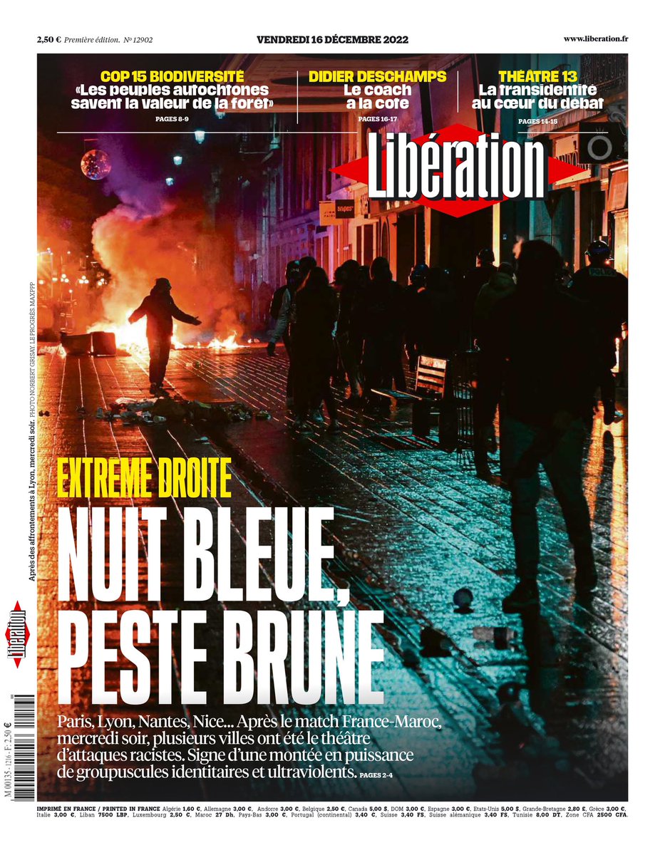 libe's tweet photo. 🔴 Extrême droite : nuit bleue, peste brune. Voici la une de @libe vendredi 

Lire : https://t.co/nj2k4mQWWP https://t.co/Hzf5KRZb9c