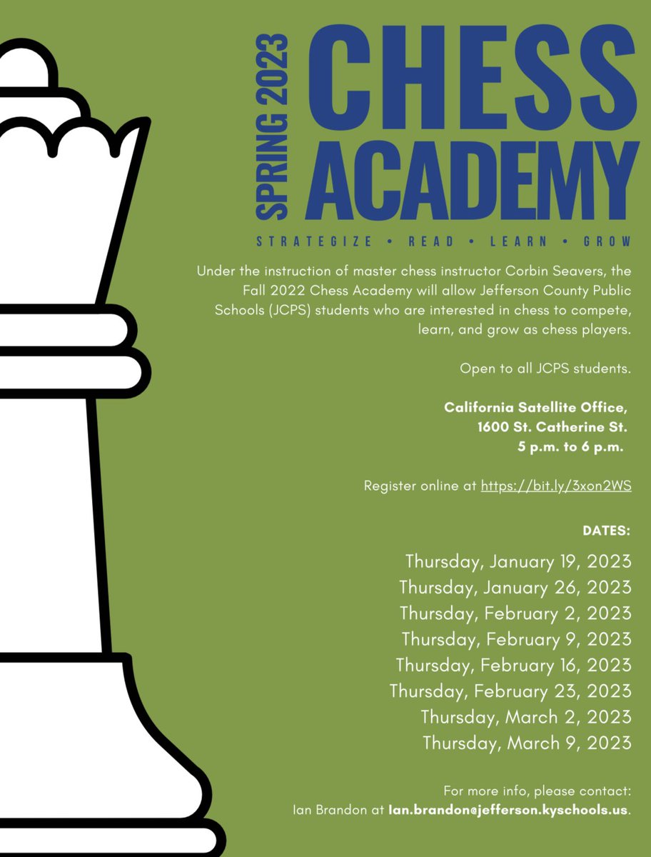 Registration is now open for our Spring Chess Academy!  See the attached flyer for more details. 
Sessions will be held at the West Louisville Satellite Office (California Neighborhood Community Center).