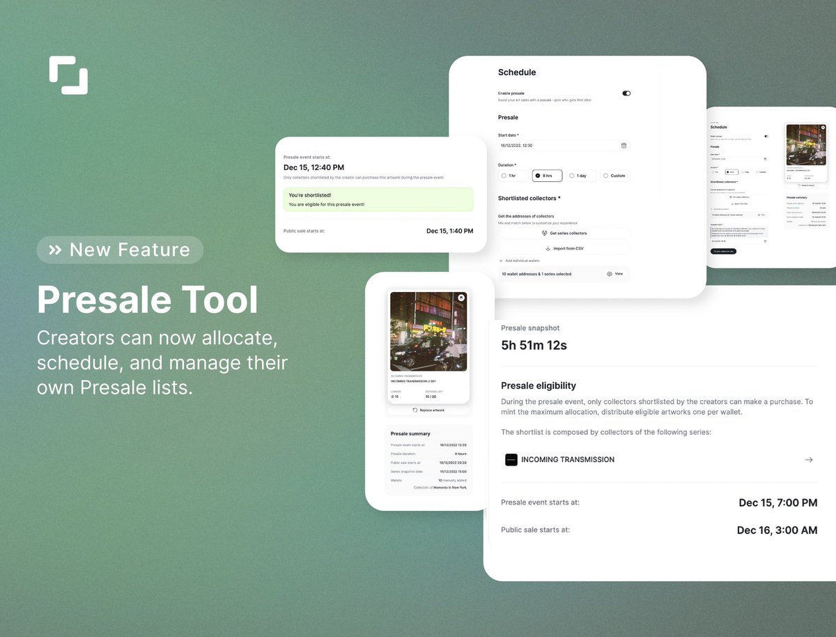 The dev team has been in overdrive working to deliver some epic features for artists to utilize!

Now introducing…

Creator Presale Tool 

Creators can now allocate, schedule, and manage their own Presale lists.

YOU decide who can get early access to your release with ease!👇