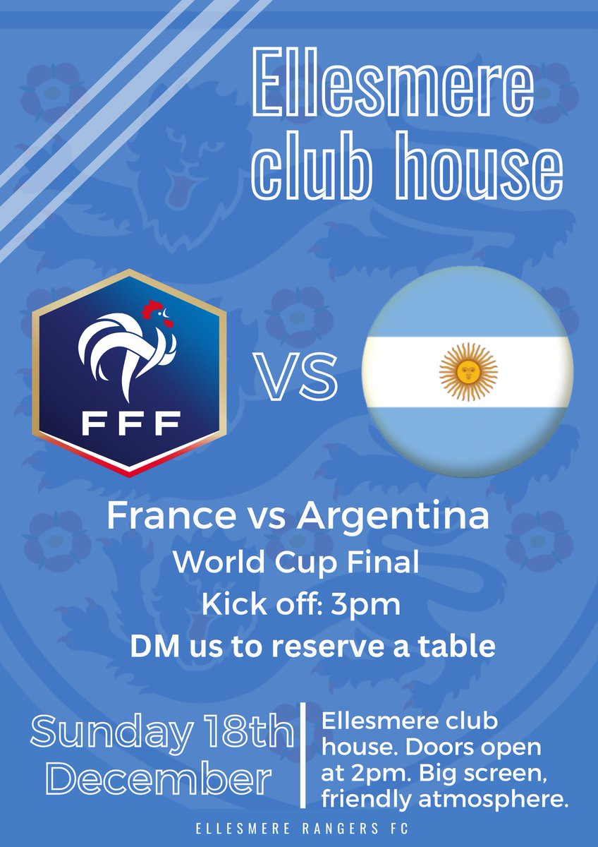 EllesRangers_FC's tweet photo. Join us at the club house for the World Cup Final this Sunday. Doors open at 2pm. DM us to reserve a table ⚽️ 
#upthemere https://t.co/Sa0kuyKWLA