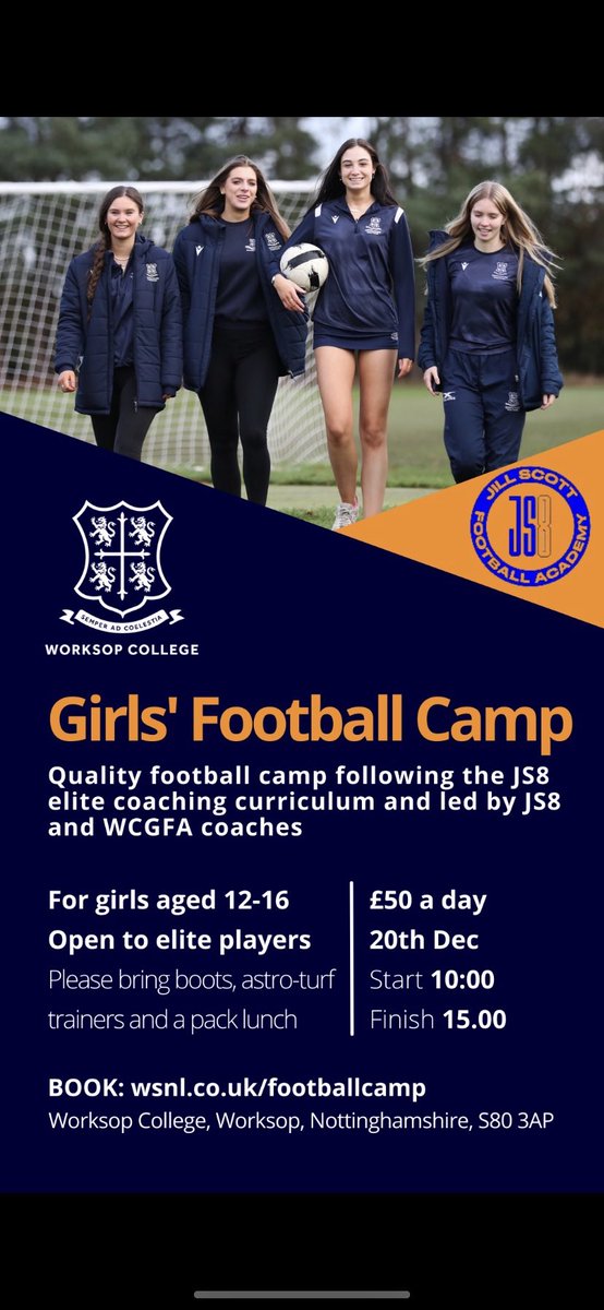 WorksopGirlsFA's tweet photo. Our WCGFA and JS8 Christmas Football camp still has places available  ⚽️ 

For more information check out:
https://t.co/imOSKWyymR https://t.co/iNjK31AV46