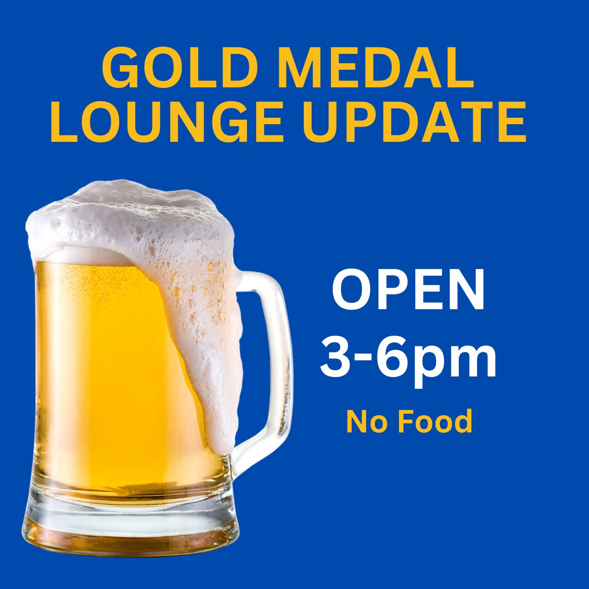 Due to the winter storm, The Gold Medal Lounge will be open from 3-6 pm today, December 15. No food.