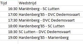 Aankomende zaterdag speelt DVC een oefentoernooi in de Citadel ter voorbereiding op het <a href="/vvProtos/">v.v. Protos</a> Weering zaalvoetbaltoernooi. 

Het begint om 16:30 en de tegenstanders zijn; <a href="/vvMarienberg/">v.v Mariënberg</a>, <a href="/Hberg85/">Hardenberg85</a> en <a href="/scLutten/">SC Lutten</a> 

#DVC #pwz