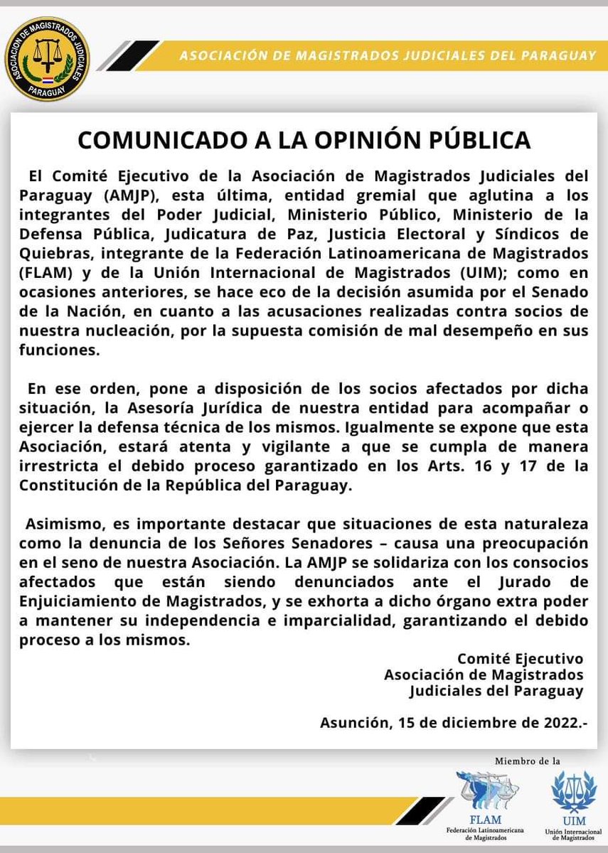 MinPublicoPy's tweet photo. La Asociación de Magistrados Judiciales del Paraguay se hace eco de las Acusaciones contra agentes fiscales en el marco de su labor, exhorta a las autoridades a respetar las garantías constitucionales, la independencia e imparcialidad de las instituciones https://t.co/LoJ79YyKt4