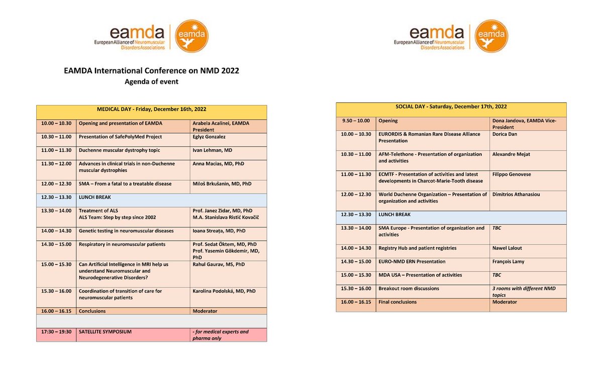 📢 EAMDA's 2022 International Conference on NMD, on 16th and 17th of December!

👉 To attend our conference, please register here: bit.ly/3goZpZY

#EAMDA2022 #NMDConference #InternationalNMDConference #neuromusculardisease #neuromuscular