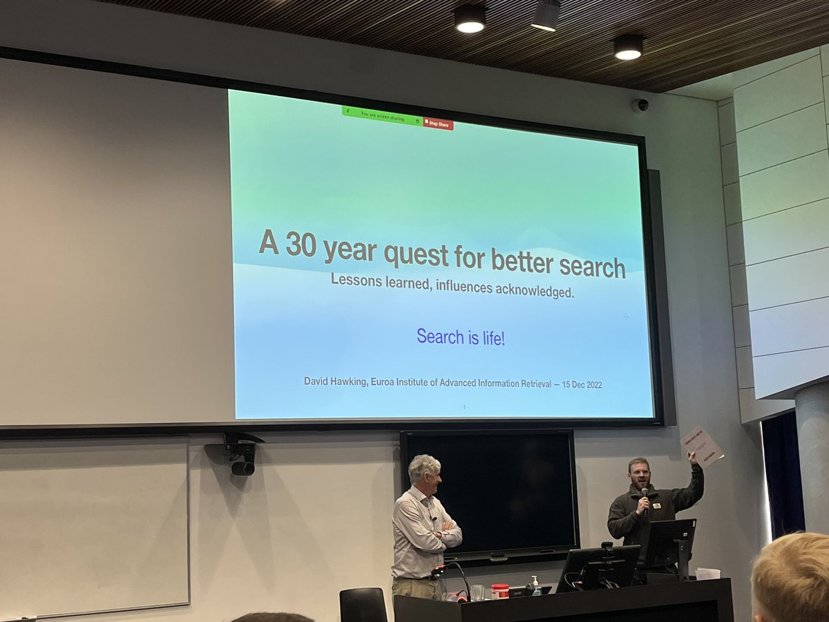 dujiarainy's tweet photo. Prof Dave Hawking is delivering his keynote on 30 years in information retrieval #ADCS2022 What a privilege to hear! @AusDocCompSymp https://t.co/NkC9RRoy8N