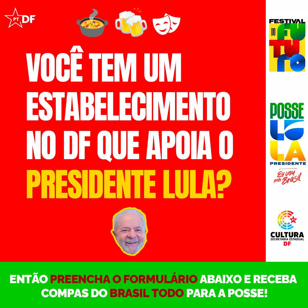 Você tem um estabelecimento e espaço cultural no DF que apoia o presidente Lula?

Então preencha o formulário abaixo e receba compas do Brasil todo para a posse!

Secretaria de Cultura do PT-DF.

docs.google.com/forms/d/e/1FAI…