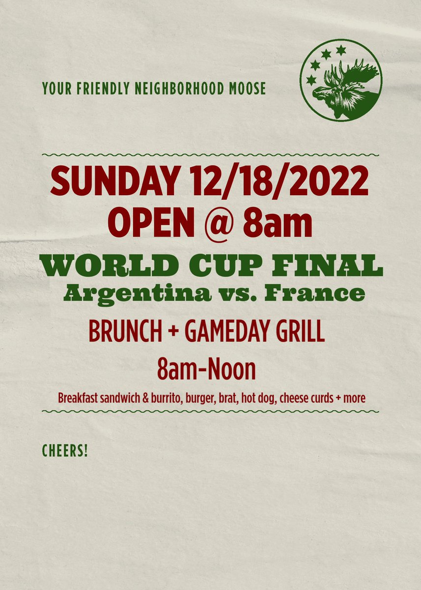 We will be opening at 8am Sunday for the World Cup final! Brunch &amp; Gameday Grill from 8a-noon. Breakfast sandwiches &amp; burritos, burgers, brats, dogs, cheese curds &amp; other fried goodness.