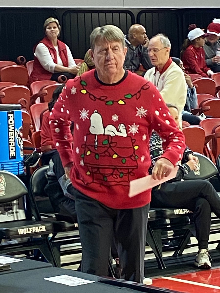 JGravleySPORTS's tweet photo. It’s Holiday sweater night for @PackWomensBball. I’m all in on @WolfpackWes’ selection. 👍🏻 https://t.co/ggNpZVxSSi