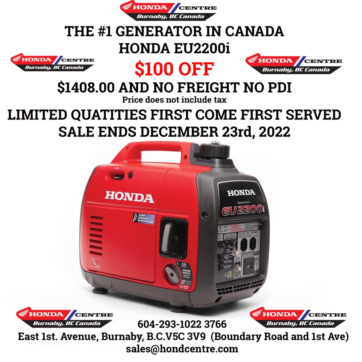 hondacentre's tweet photo. Till December 23, 2022 save $100 on the #1 generator in Canada from the Honda Centre https://t.co/SkTgVoNxDC