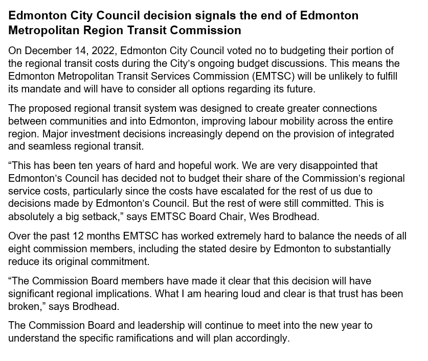 EMTSCommission's tweet photo. At the conclusion of their December 15 meeting, the EMTSC Board of Directors released this official statement on yesterday's City of Edmonton budget decision: https://t.co/emyuC7B0W7 #yegcc #ableg #yeg #yegtransit https://t.co/ojOhjZY1L6