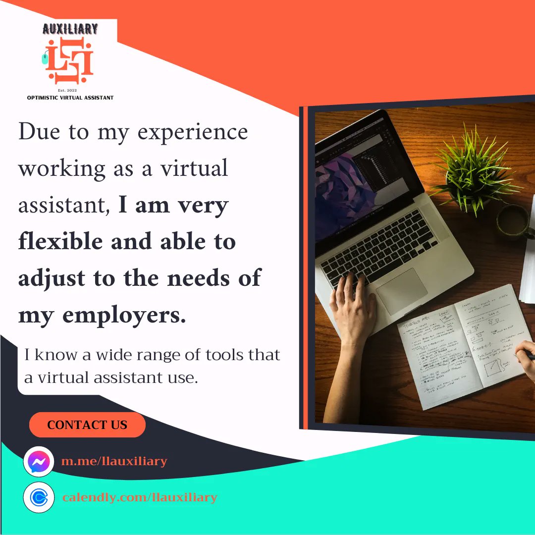 LLauxiliary's tweet photo. Due to my experience working as a 👨‍💻 virtual assistant, I am very flexible and able to adjust to the needs of my employers. I know a wide range of tools that a virtual assistant use. 
#llauxiliary #llauxiliaryva #theoptimisticva #llauxiliaryvaservices https://t.co/BtCXmOcMeN
