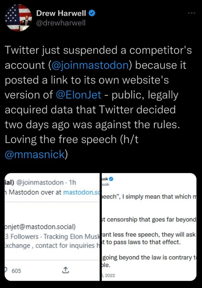 newsguyusa's tweet photo. Some speculation the suspensions of journalists' accounts relate to mentions of @joinmastodon/@ElonJet related bans, meaning #Twitter under @elonmusk now emulating the censors in #China where  #Weibo accounts get zapped for using forbidden words or mentioning taboo topics. https://t.co/VlVVodD0xg