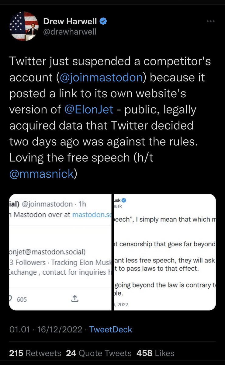 oneunderscore__'s tweet image. This was The Washington Post&apos;s @drewharwell&apos;s post before he was suspended from Twitter, outlining how Twitter suspended the account of its competitor Mastodon earlier today.