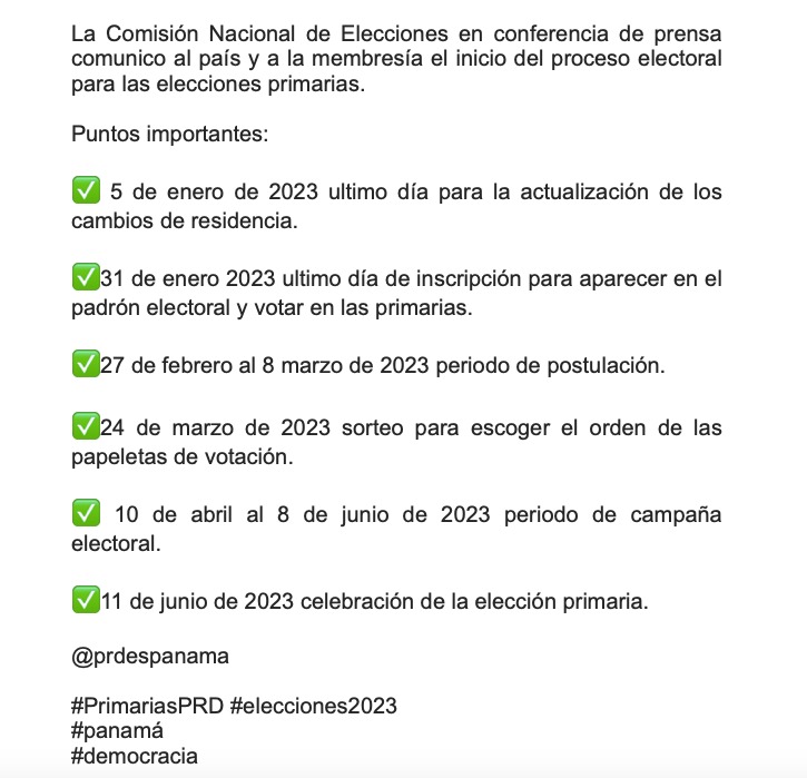 La Comisión Nacional de Elecciones en conferencia de prensa comunico al país y a la membresía el inicio del proceso electoral para las elecciones primarias. 

<a href="/prdespanama/">PRD Panamá</a> 
#PrimariasPRD #elecciones2023
#panamá 
#democracia
