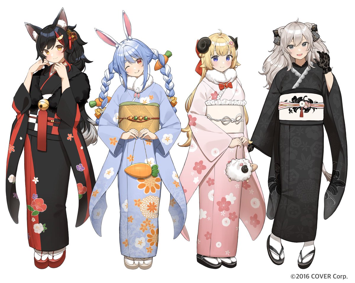 ookami mio ,shishiro botan ,tsunomaki watame ,usada pekora lion ears kimono multiple girls animal ears 4girls sheep horns japanese clothes  illustration images