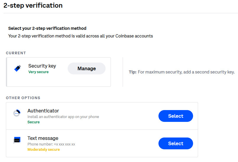 vivokey's tweet photo. @CoinbaseSupport
 @coinbase
 When I register a security key, my OTP authenticator keys disappear / reset, yet my SMS number remains an alternative option. I would rather retain OTP as a backup option than SMS in the event my security key is lost or stolen, and drop SMS entirely. https://t.co/blFIkXxPLG