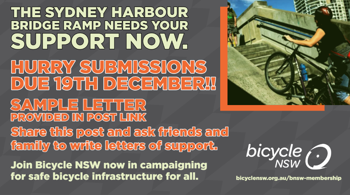 The Sydney Harbour Bridge ramp needs your support.
Support letters due 19 December here's the link👉 caportal.com.au/tfnsw/sydney-h…
Here’s a letter example 👉bit.ly/3Yt0Nw0
Share this post and ask friends and family to write letters of support. #bicycleNSW #advocacy