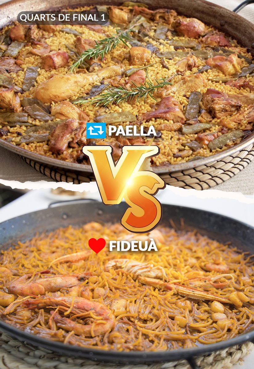 jajajers's tweet photo. Comencem els quarts del final de la GastroCHEmpions amb una final anticipada.

Qui guanya?
🔄 PAELLA VALENCIANA
♥️ FIDEUÀ
#GastroCHEmpionsjajajers https://t.co/aNxs9UeM9T
