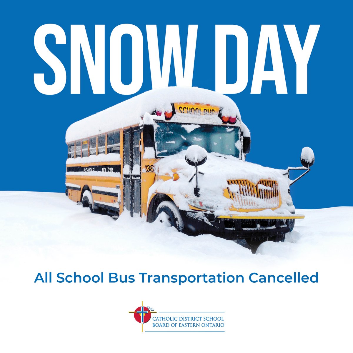 In anticipation of heavy accumulations of snowfall for tomorrow, Friday, December 16, all school bus transportation across the CDSBEO region will be cancelled. CDSBEO schools remain open.
Students can access resources online through classroom Teams/Brightspace D2L platforms.