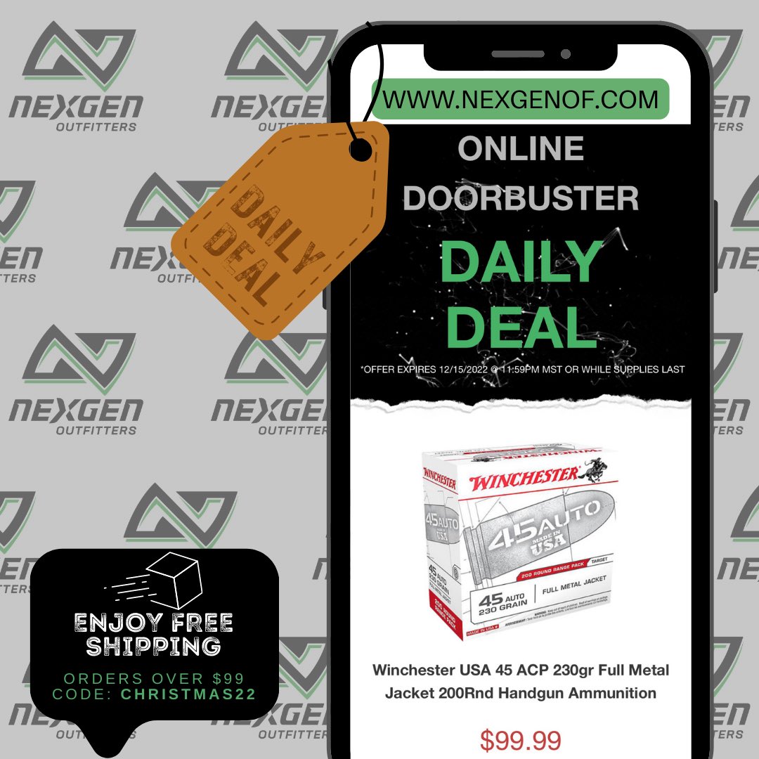 NexgenOutfitter's tweet photo. ⏰ ☝️ 𝗗𝗮𝘆 𝗗𝗼𝗼𝗿𝗯𝘂𝘀𝘁𝗲𝗿‼️ 
Winchester USA 45ACP 230gr 
FMJ 200Rnd Handgun Ammo
💥 𝗦𝗔𝗟𝗘 $𝟵𝟵.𝟵𝟵‼️ 𝗥𝗘𝗚 $𝟭𝟭𝟱.𝟵𝟵❗️
🛒 https://t.co/HWRx9Z8W6y
*expires 12/15/22 @ 11:59PM MT 
OR while supplies last!
🆓 𝗦𝗵𝗶𝗽 𝗼𝘃𝗲𝗿 $𝟵𝟵! 𝗰𝗼𝗱𝗲: 𝗖𝗛𝗥𝗜𝗦𝗧𝗠𝗔𝗦𝟮𝟮 https://t.co/ybe3E6TGlS