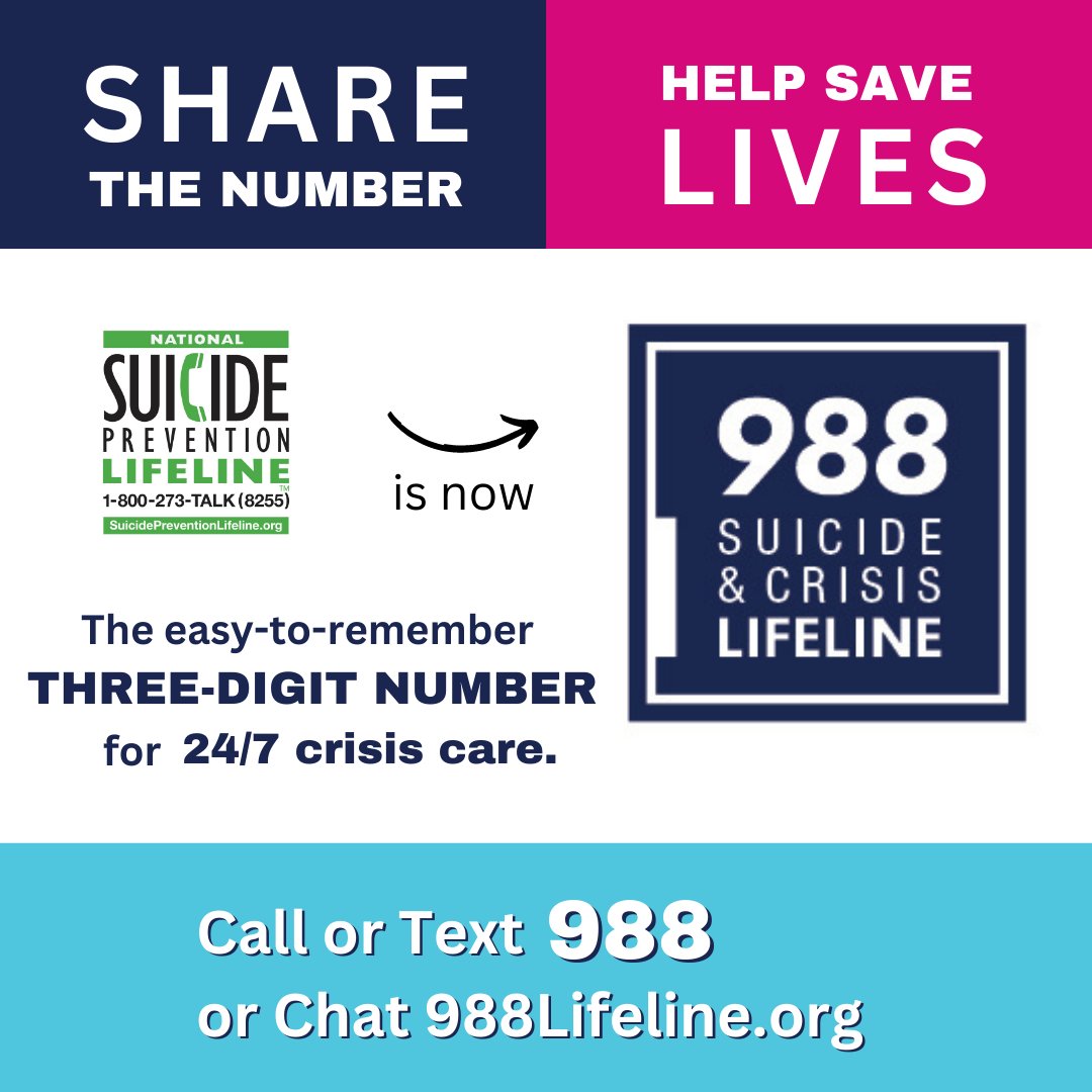 Please SHARE and HELP us get the word out: If you or someone you know is struggling or in crisis, help is available. Call or text 988 or chat 988lifeline.org #SuicidePrevention #988Lifeline