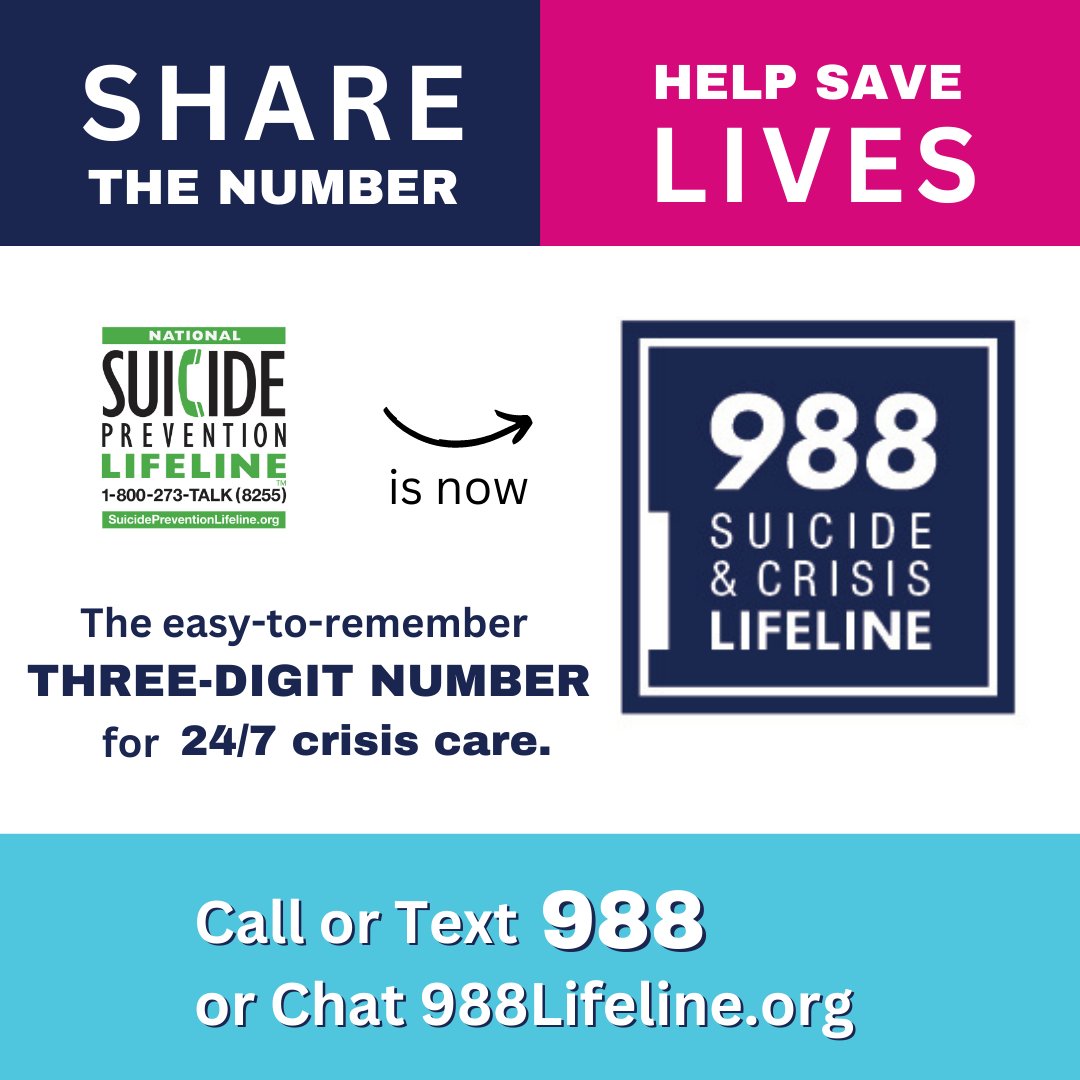Please SHARE and HELP us get the word out: 

If you or someone you know is struggling or in crisis, help is available. Call or text 988 or chat 988lifeline.org 
#SuicidePrevention #988Lifeline