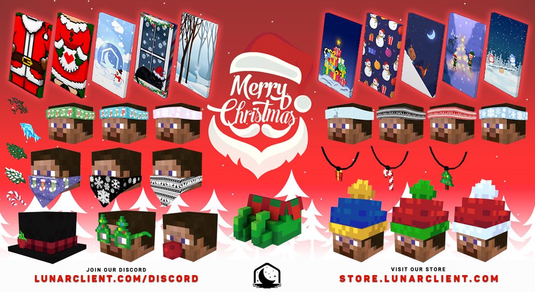 It's beginning to look a lot like Christmas... 🎶🎅🎄

Our new limited-edition Christmas cosmetics and emotes are now on sale at store.lunarclient.com. ❄️

Retweet, Like, and Follow for a chance to win 10x Christmas cosmetics or emotes of your choice! ☃️