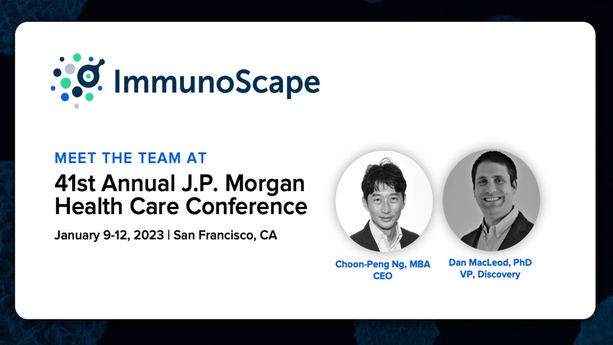 ImmunoScape's tweet photo. Are you attending the 41st Annual JPM Healthcare Conference in San Francisco next month? Our CEO &amp; VP of Discovery will be on-site 1/9-1/10. If you're interested in setting up a meeting, DM us or email info@immunoscape.com. #JPM23 #Immunology https://t.co/Z3oKKiQnWE