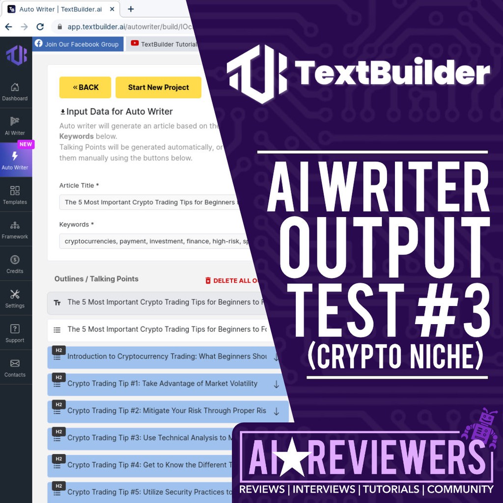 AIReviewers's tweet photo. In this AI writer test, we'll evaluate the quality of TextBuilder's output for the crypto niche. We'll test TextBuilder's 1-click Auto Writer feature and also see how it fares with a plagiarism and AI detection scan: https://t.co/4fcTOqhcdK  #aitool #aisoftware #ai #aiwriter https://t.co/KOx4NUp0dY