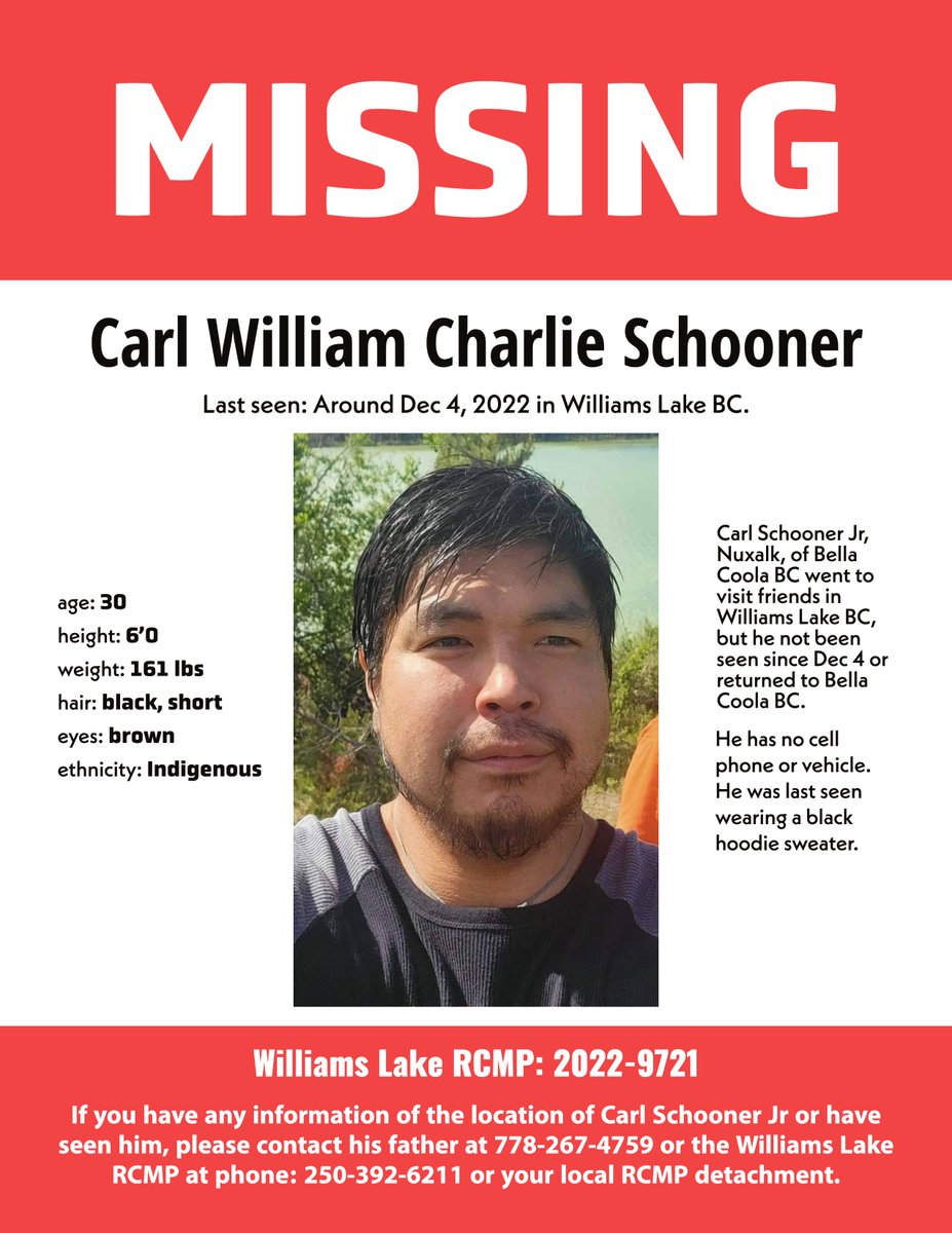 NuxalkRadio's tweet photo. Please help us find Carl William Charlie Schooner, also known as Carl Schooner Jr. Last seen in Williams Lake BC around Dec 4, 2022. #WilliamsLake   #WilliamsLakeBC #YWL #Cariboo #MissingPerson #MissingPeopleCanada https://t.co/FOWsLhaAYJ