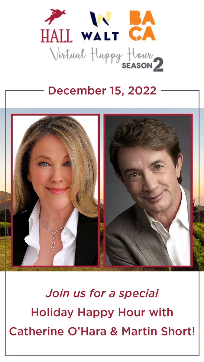 Tune in today at 4pm on YouTube, Facebook, and Instagram for a special holiday edition of Happy Hour with Catherine O’Hara, Martin Short and our host, Vintner Kathryn Hall 🍷🍷 #happyhour #martinshort #catherineohara