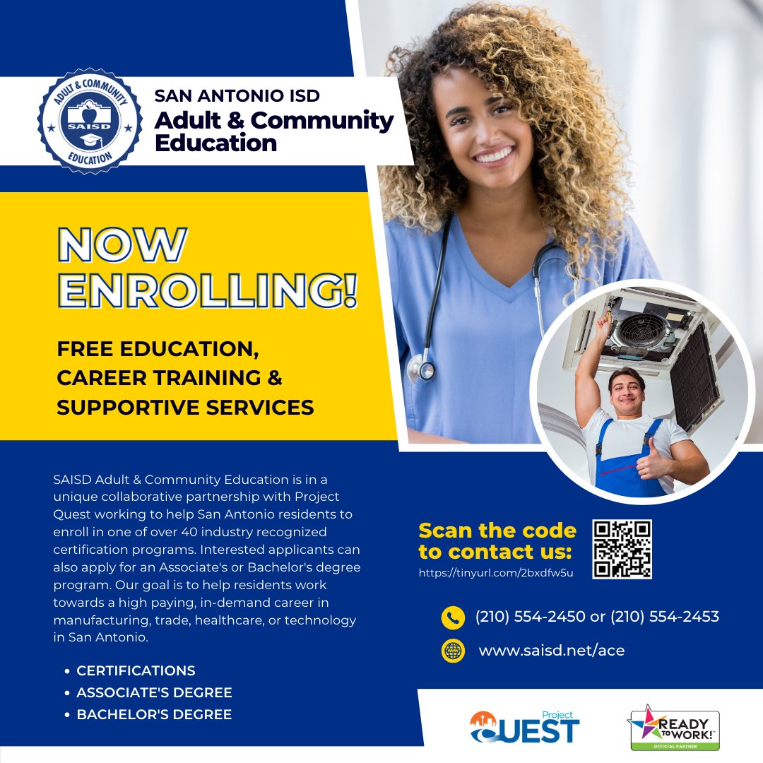San Antonio ISD (@saisd) on Twitter photo Learn about 40+ industry certifications offered by SAISD Adult & Community Education.  
β‘οΈ tinyurl.com/2bxdfw5u 
Aprenda sobre las mΓ‘s de 40 certificaciones de distintas industrias que ofrece el Departamento de EducaciΓ³n Comunitaria y para Adultos de SAISD.
#SAISDFamilia Learn about 40+ industry certifications offered by SAISD Adult & Community Education.  
β‘οΈ tinyurl.com/2bxdfw5u 
Aprenda sobre las mΓ‘s de 40 certificaciones de distintas industrias que ofrece el Departamento de EducaciΓ³n Comunitaria y para Adultos de SAISD.
#SAISDFamilia