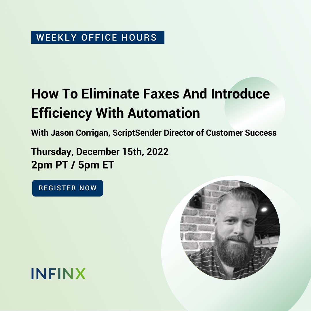 #InfinxOfficeHours in one hour! @ScriptSender's Dir. of Customer Success Jason Corrigan will share how to avoid the fax backup in your office that creates inefficiencies, interferes with scheduling, and creates costly errors. Sign up here: hubs.li/Q01v-pzk0