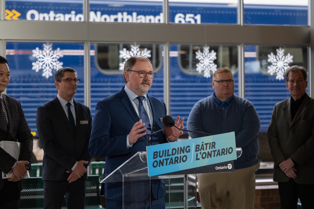 mrchadevans's tweet photo. I was happy to celebrate a big milestone today, which will help bring passenger rail from vision to reality. Thanks for joining us @StanChoMPP @VictorFedeli to showcase the trainsets that will be built to carry passengers to and from northeastern Ontario! https://t.co/S5zzTskqia