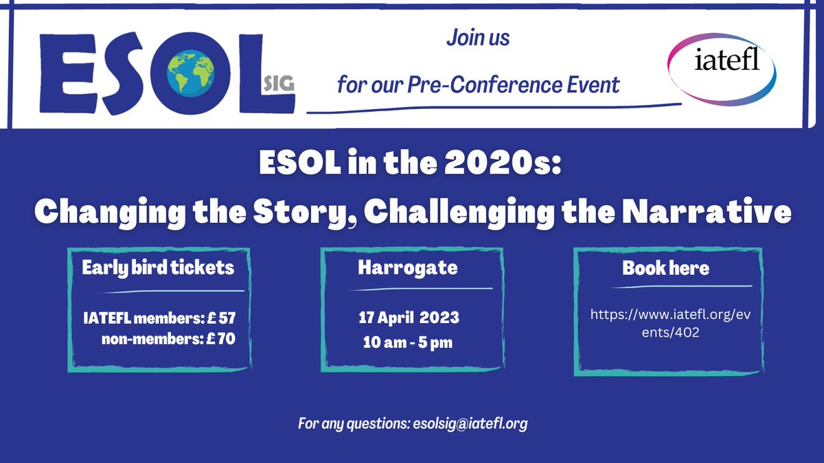 You are all invited to the IATEFL ESOL SIG Pre-Conference Event on 17th April 2023 in Harrogate. This is going to be an in-person event and will be a great opportunity for #esol practitioners and researchers from around the world to come together. #esolsigpce_2023