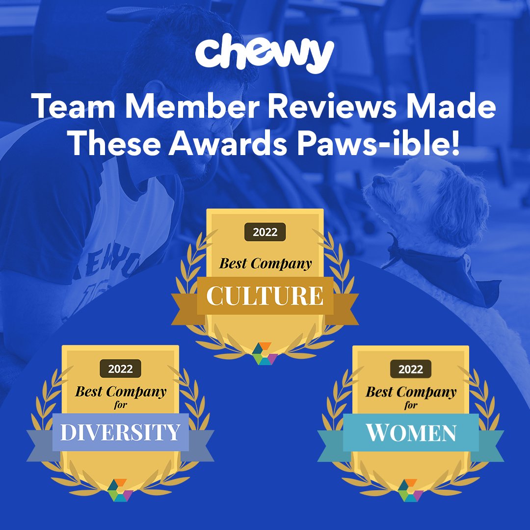 We have a lot to celebrate this week, all thanks to feedback from our Team Members! Comparably’s honors are based entirely on reviews from Chewtopians, so these three awards are extremely meaningful and offer a real peek into what #LifeAtChewy is really like. 

#RunWithThePack
