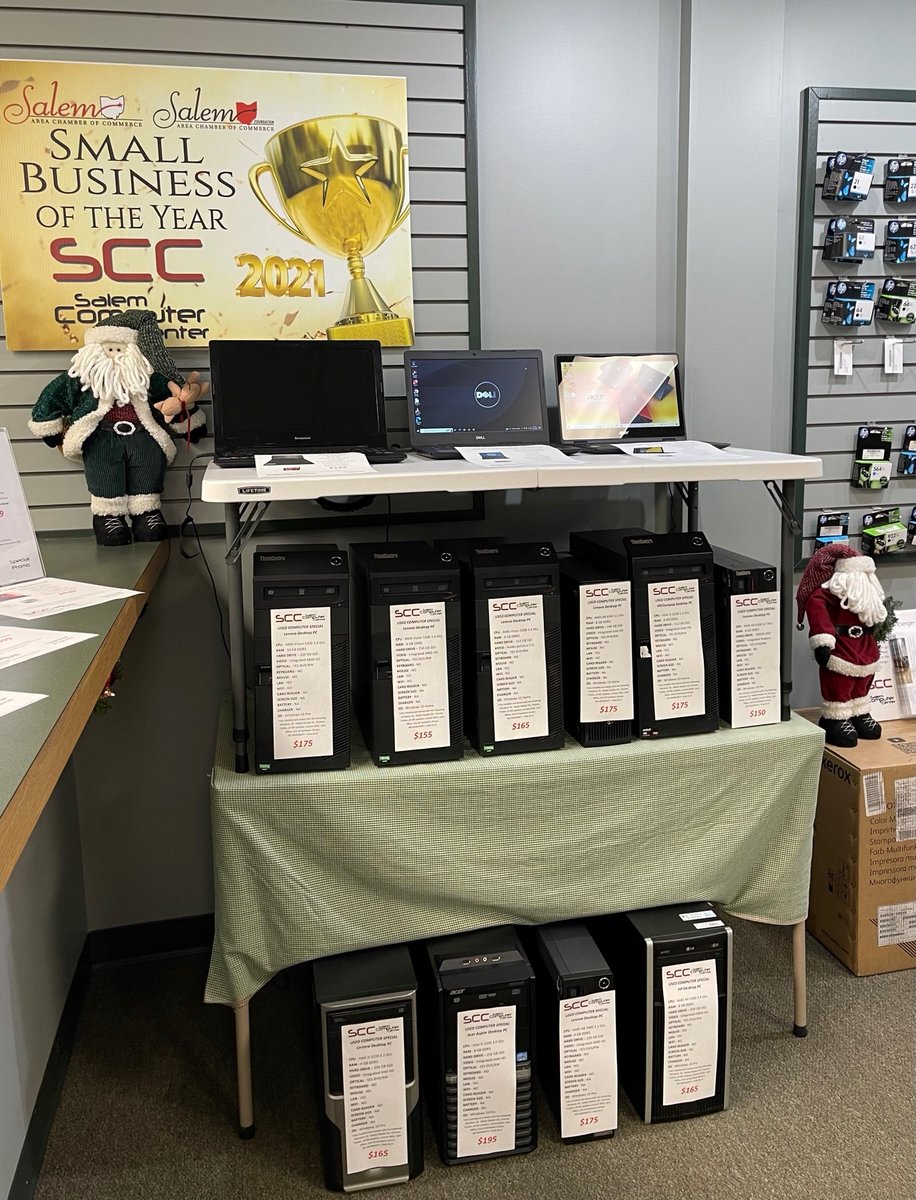 SalemComputer's tweet image. Huge selection of used desktop and laptop computers ready to go! All units reconditioned with new Windows 10 installs including all updates. Get them now before they are gone. Great opportunity to pick up a second pc for your household. Merry Christmas! 🎅