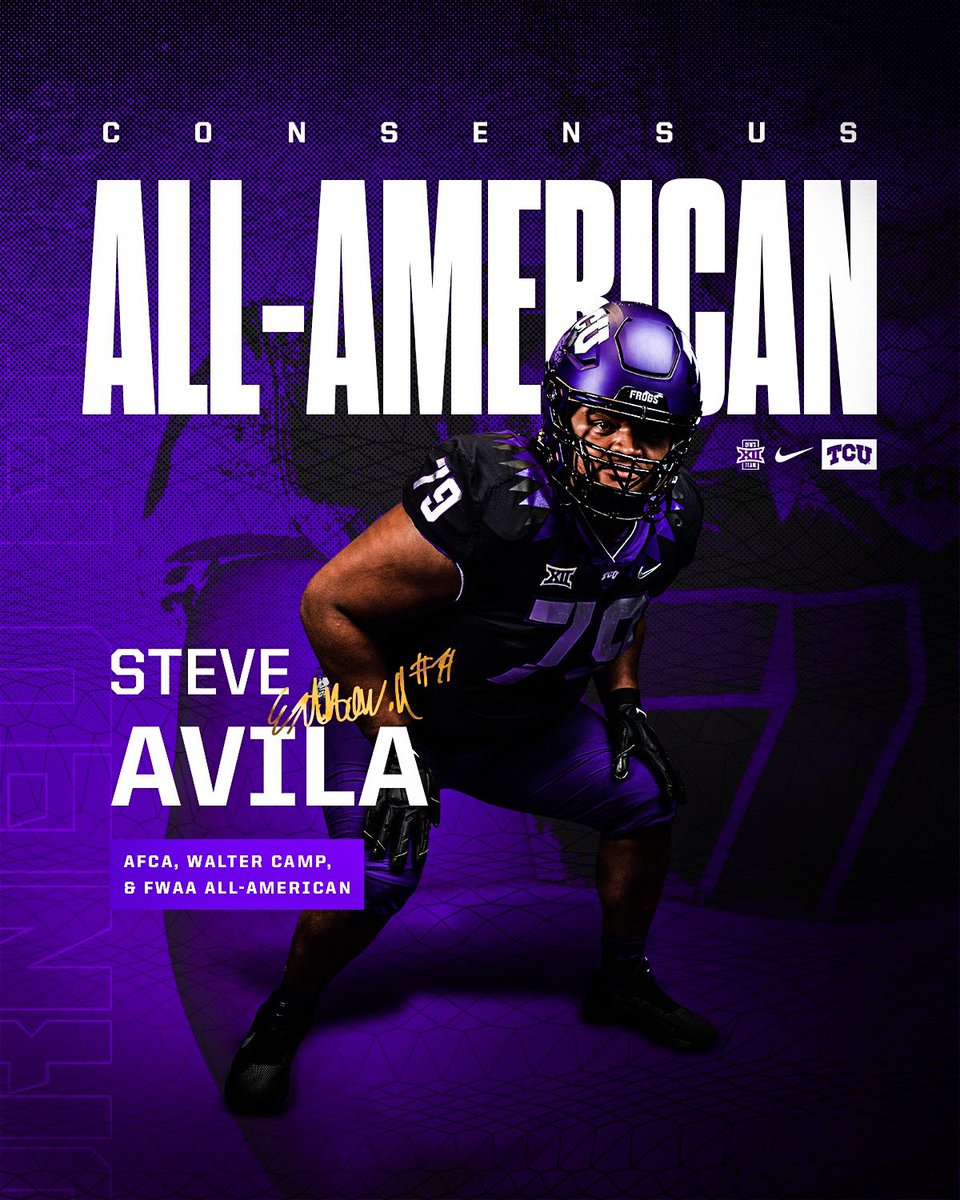 TCUFootball's tweet photo. 𝟐𝟎𝟐𝟐 𝐂𝐨𝐧𝐬𝐞𝐧𝐬𝐮𝐬 𝐀𝐥𝐥-𝐀𝐦𝐞𝐫𝐢𝐜𝐚 🐸

@Stevelavila with a huge honor! 

#GoFrogs #DFWBig12Team https://t.co/kyROtmTzrS
