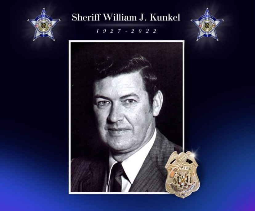 hcsfmd's tweet photo. The Harford County Sheriff’s Foundation mourns the loss of William James Kunkel, 72nd Sheriff of Harford County, and longest serving Sheriff in Harford County history. https://t.co/K2AdAfhawP