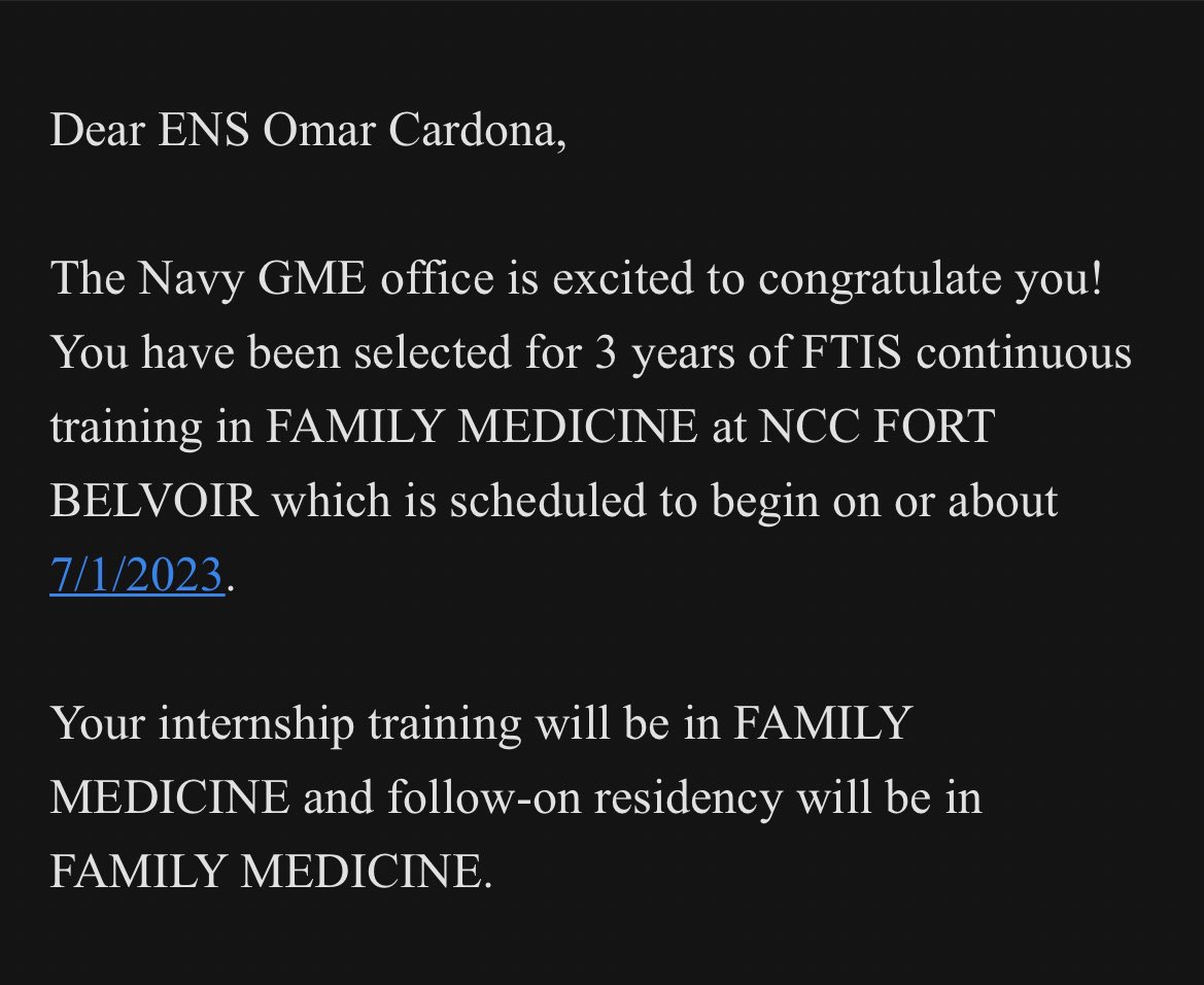 omarc1994's tweet photo. Beyond humbled to be chosen to be part of NCC Fort Belvoir’s Family Medicine Residency class of 2026! #FMRevolution #MilitaryMatch https://t.co/tzNuIIvpXN