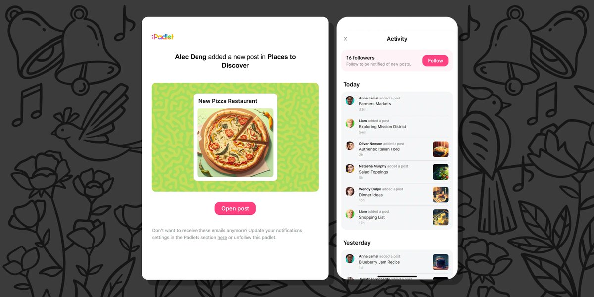 padlet's tweet photo. You can now follow individual padlets and accounts to get notified about their activity. And we'll notify you by email! Keeping up with the padlets you love has never been easier. To see how to follow padlets and accounts, or customize your notifications, read below 👇 https://t.co/jc34LBevMt